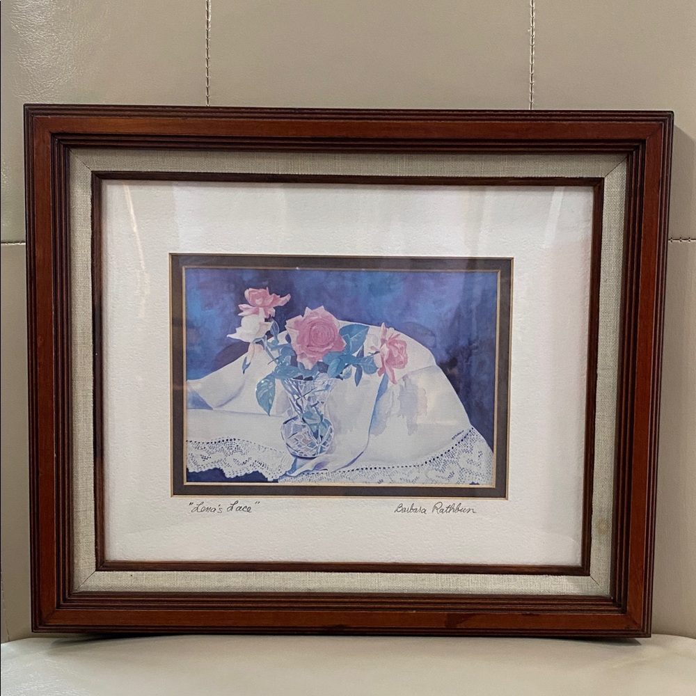 Floral Still Life Watercolor Print, Framed, Signed by Artist, Barbara Rathbun.